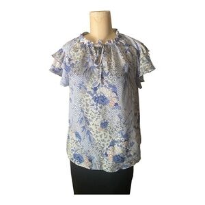 Joie flutter sleeve ruffle tie front blue floral short sleeve shirt